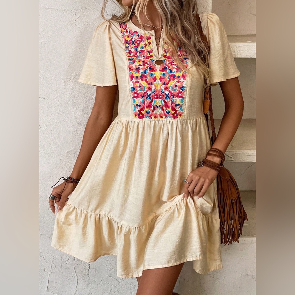 Emory Rose Embroidered BoHo Floral Tiered Beachy Summer Mini Comfy Dress
